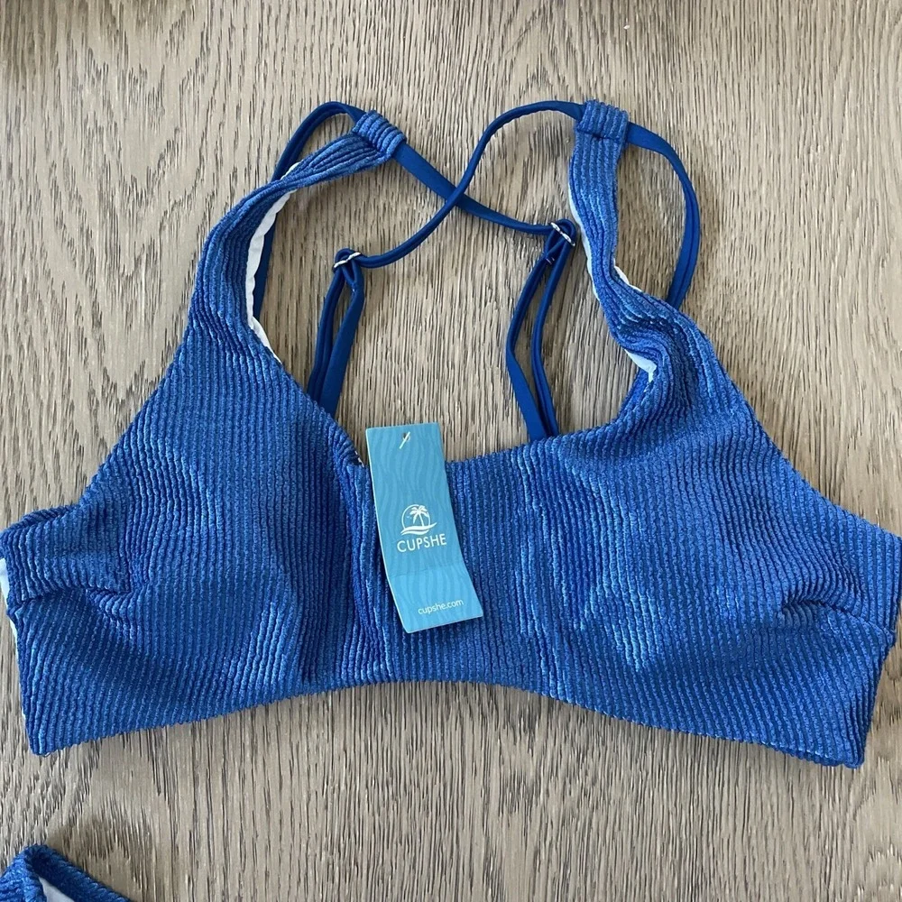 Cupshe Blue Ribbed Shimmer Scoop Neck Bikini Set Two‎ Piece Swimsuit Medium NEW